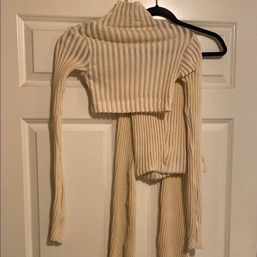 Cream Cowl Neck Ribbed Sweater Set